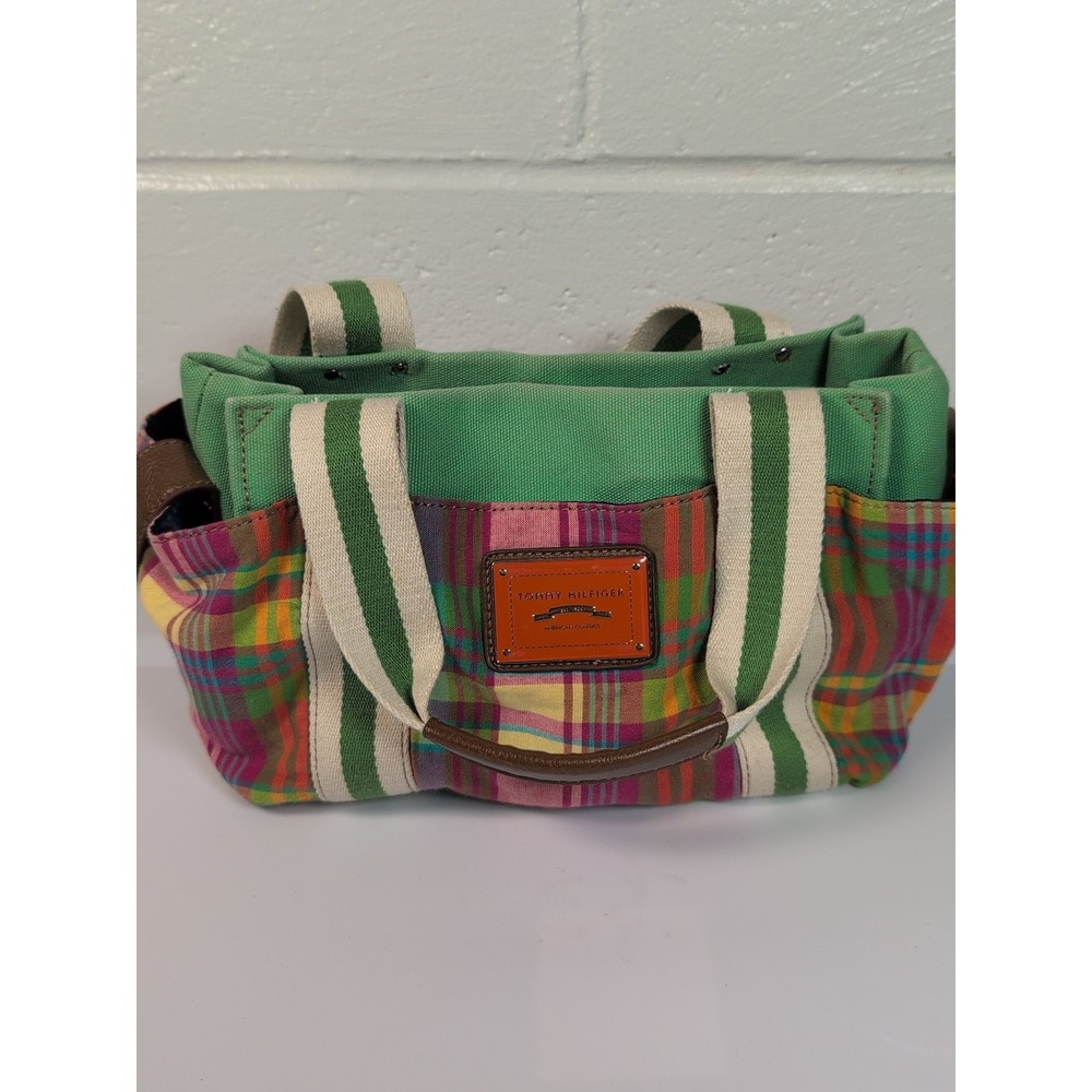 Tommy Hilfiger Preppy Tote Bag, Madras Plaid Green Orange Pink Canvas
